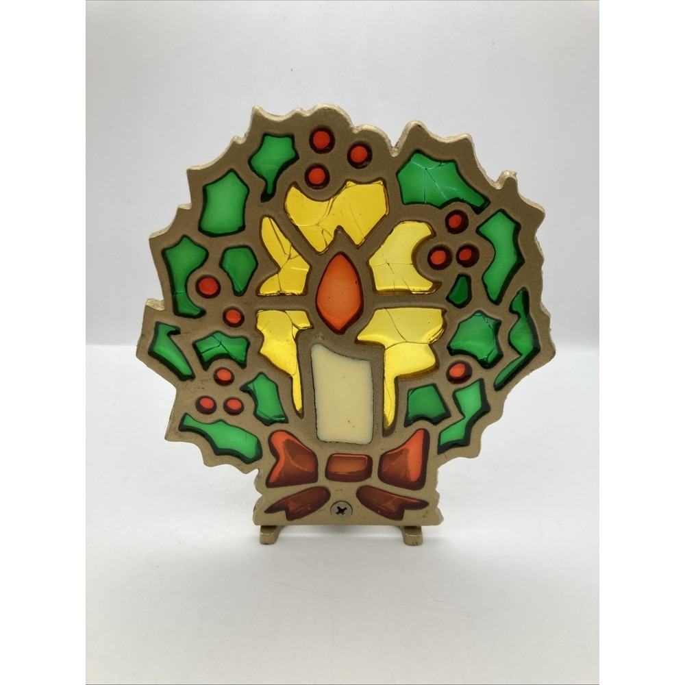 Vintage STAINED GLASS Cast Iron Wreath CANDLE HOLDER MCM 70s Christmas - Picture 2 of 11